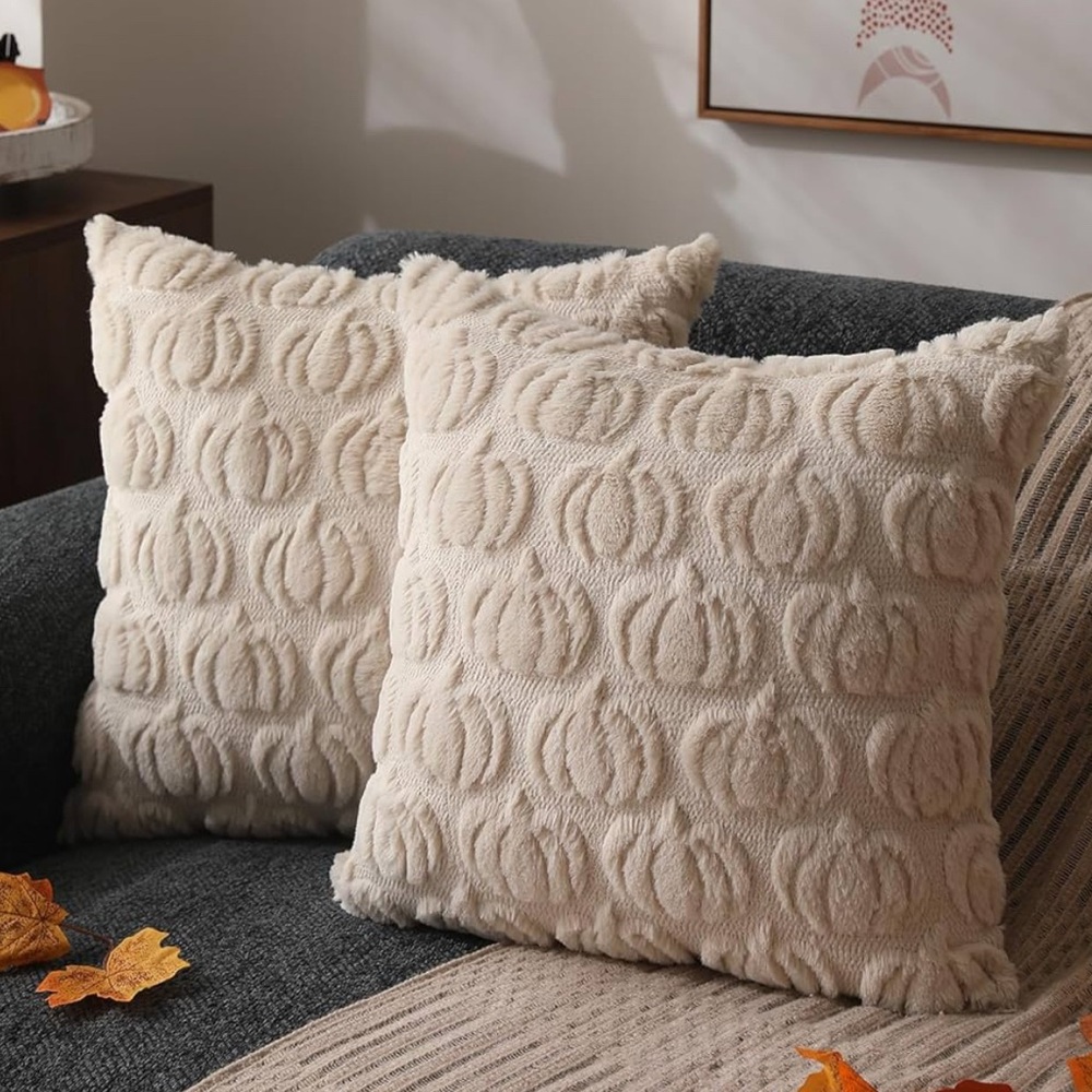 Cream Textured 18 x 18 Pumpkin Autumn Fall Thanksgiving Pillowcases‎ Covers